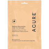 The Acure Radically Rejuvenating Under Eye Hydrogels 4g comes in minimal beige, rectangular packaging with English and French text, featuring cucumber and yam for effective under eye care.