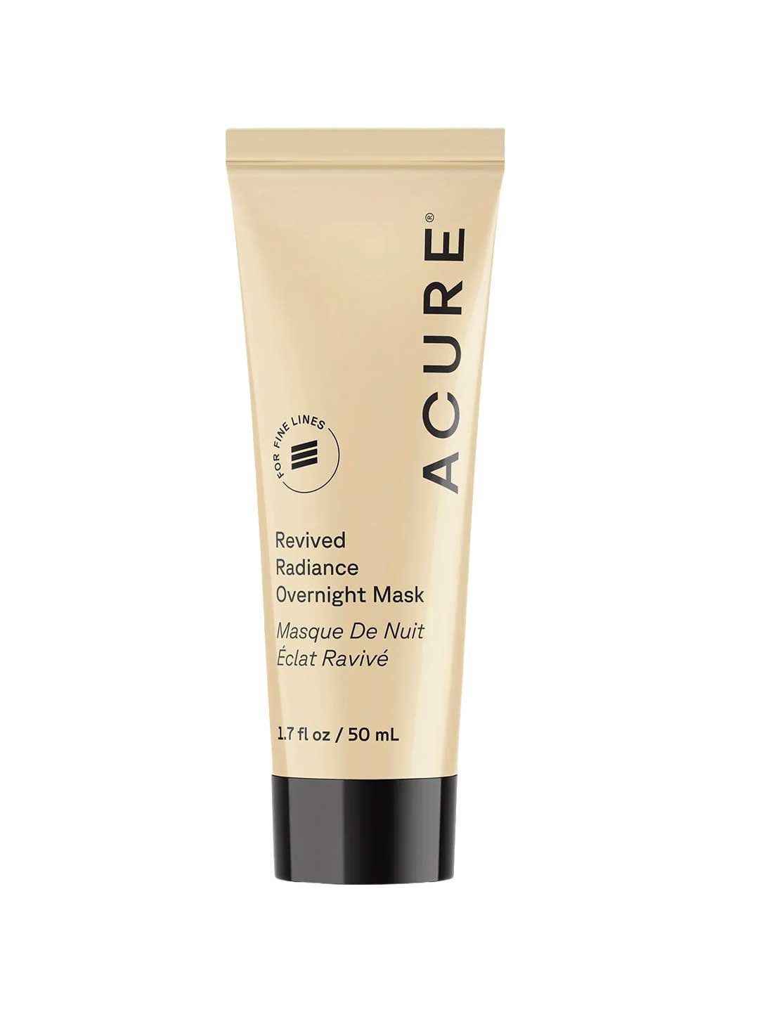 A beige tube of Acure Revived Radiance Overnight Mask 50ml, with a black cap and black text, is designed to boost skin brightness overnight as you sleep.