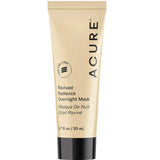 A beige tube of Acure Revived Radiance Overnight Mask 50ml, with a black cap and black text, is designed to boost skin brightness overnight as you sleep.