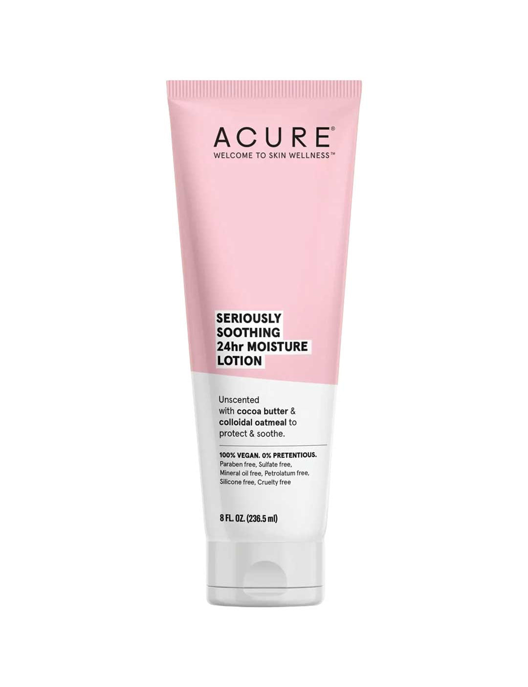 Acure Seriously Soothing 24hr Moisture Lotion 236ml is a pink and white tube of unscented, vegan moisturizer with cocoa butter and colloidal oatmeal, crafted for sensitive skin and free from parabens, sulfates, mineral oil, petrolatum, silicone & cruelty.