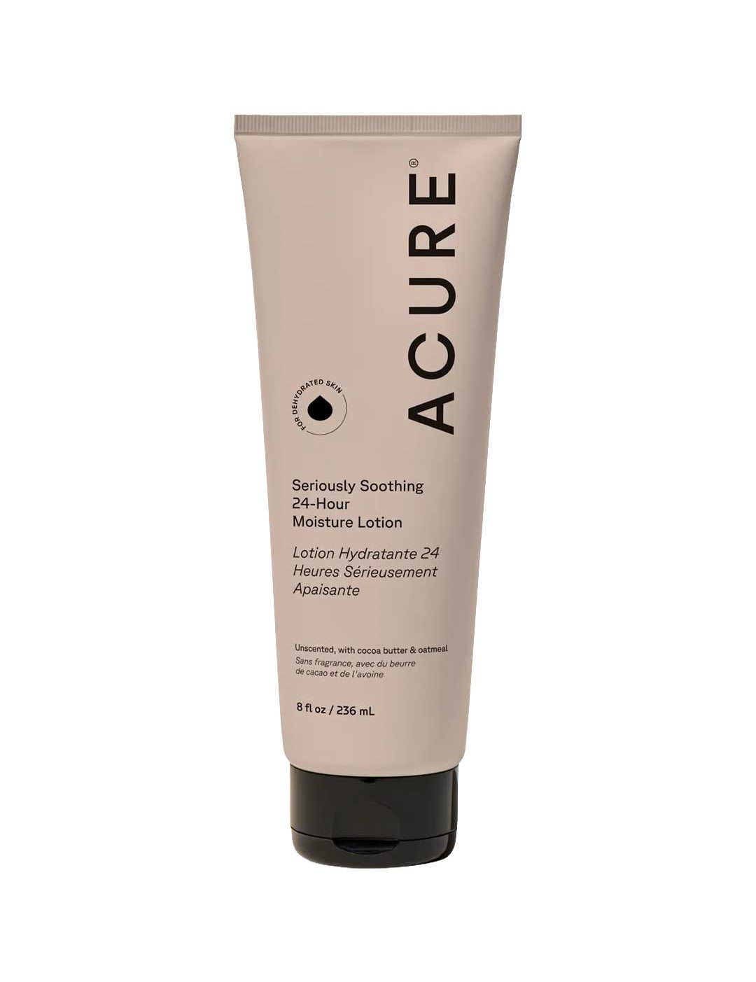 A beige tube of Acure Seriously Soothing 24hr Moisture Lotion 236ml with a black cap. This unscented moisturizer, ideal for sensitive skin, contains cocoa butter and colloidal oatmeal.