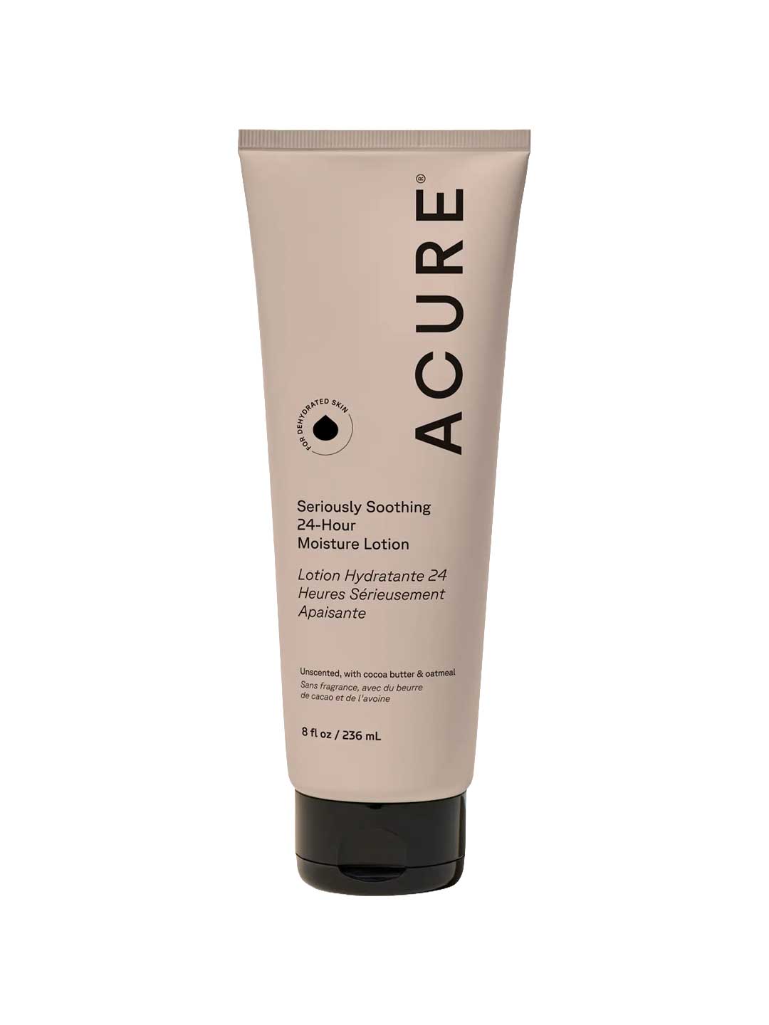 A beige tube of Acure Seriously Soothing 24hr Moisture Lotion 236ml with a black cap. This unscented moisturizer, ideal for sensitive skin, contains cocoa butter and colloidal oatmeal.