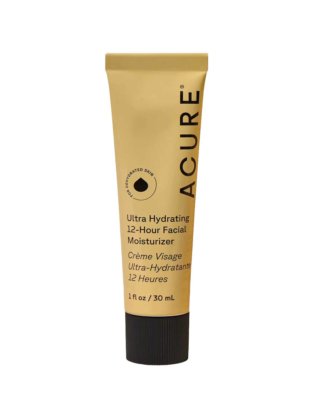 A gold tube of Acure Ultra Hydrating 12 Hour Facial Moisturiser 30ml with black text, a black cap, and product details plus logo in English and French.