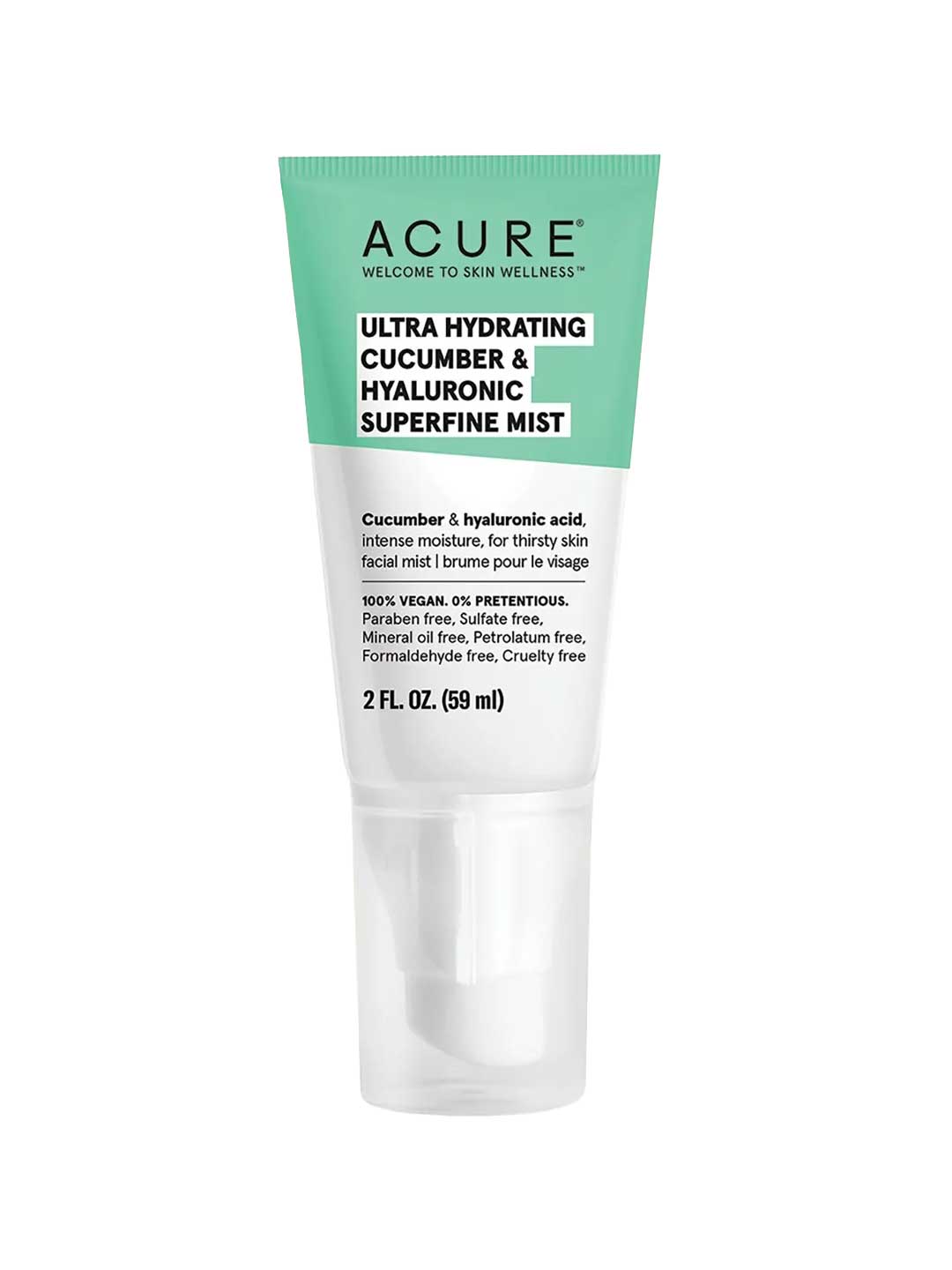 Acure Ultra Hydrating Cucumber & Hyaluronic Superfine Mist 59ml offers hydrating facial mist benefits with cucumber hydrosol and hyaluronic acid. It's vegan, cruelty-free, and free from harsh chemicals.