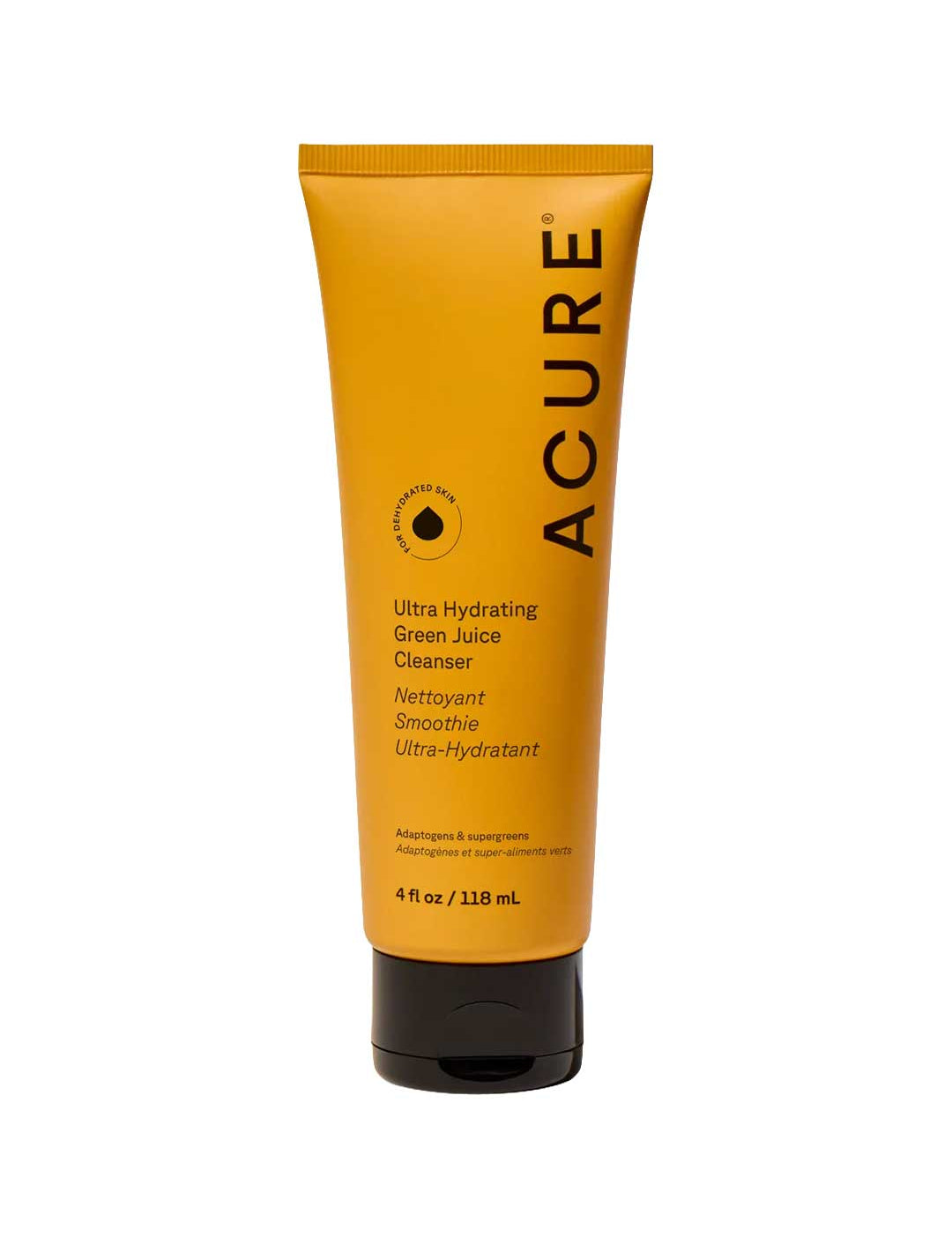 A yellow tube of Acure Ultra Hydrating Green Juice Cleanser 118ml, a sulfate-free cleanser with black cap for dry skin, offers ultra-hydration, smoothing, and cleansing.