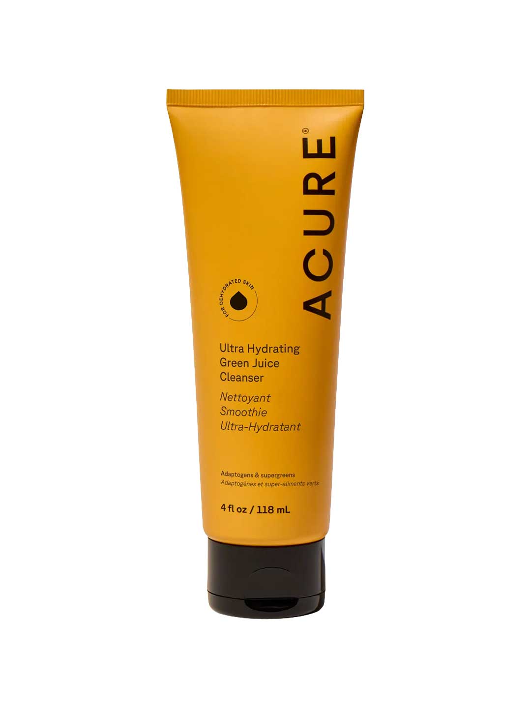 A yellow tube of Acure Ultra Hydrating Green Juice Cleanser 118ml, a sulfate-free cleanser with black cap for dry skin, offers ultra-hydration, smoothing, and cleansing.