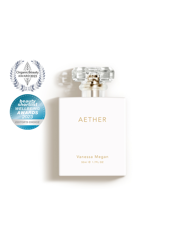 Vanessa Megan Aether Natural Perfume with its award badges