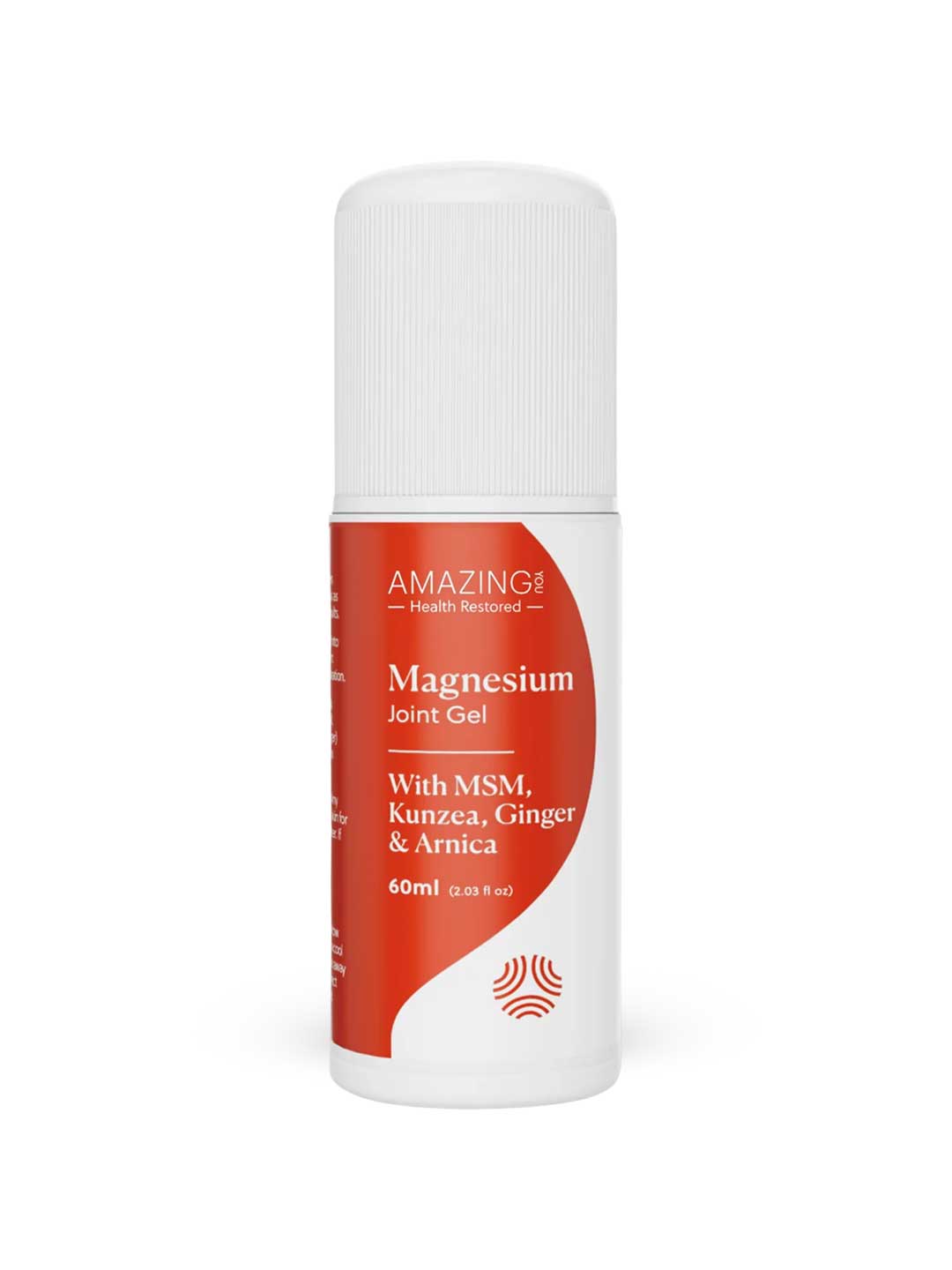 Amazing Oils Magnesium Joint Gel Roll On 60ml is a white bottle with a red label and cap, featuring MSM, Kunzea, Ginger, and Arnica for joint support—perfect for post-workout recovery and wellness routines.