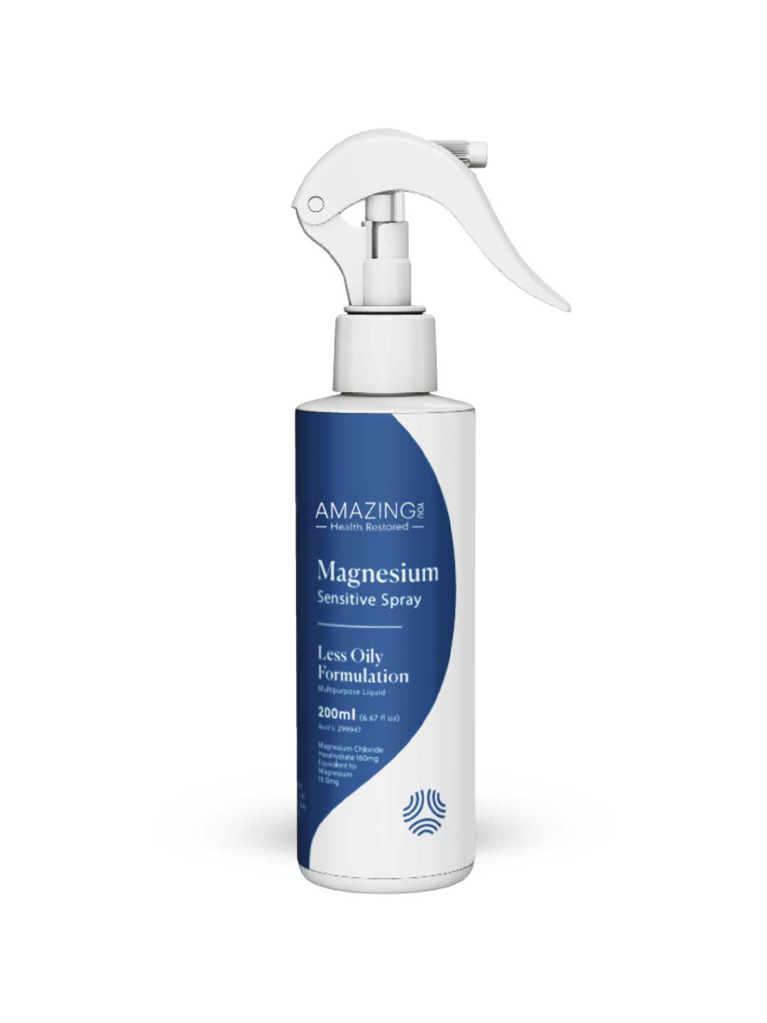 A white spray bottle labeled Amazing You Sensitive Magnesium Oil 200ml with a blue and white design and trigger top—perfect for sensitive skin and muscle cramp relief with a less oily formula.