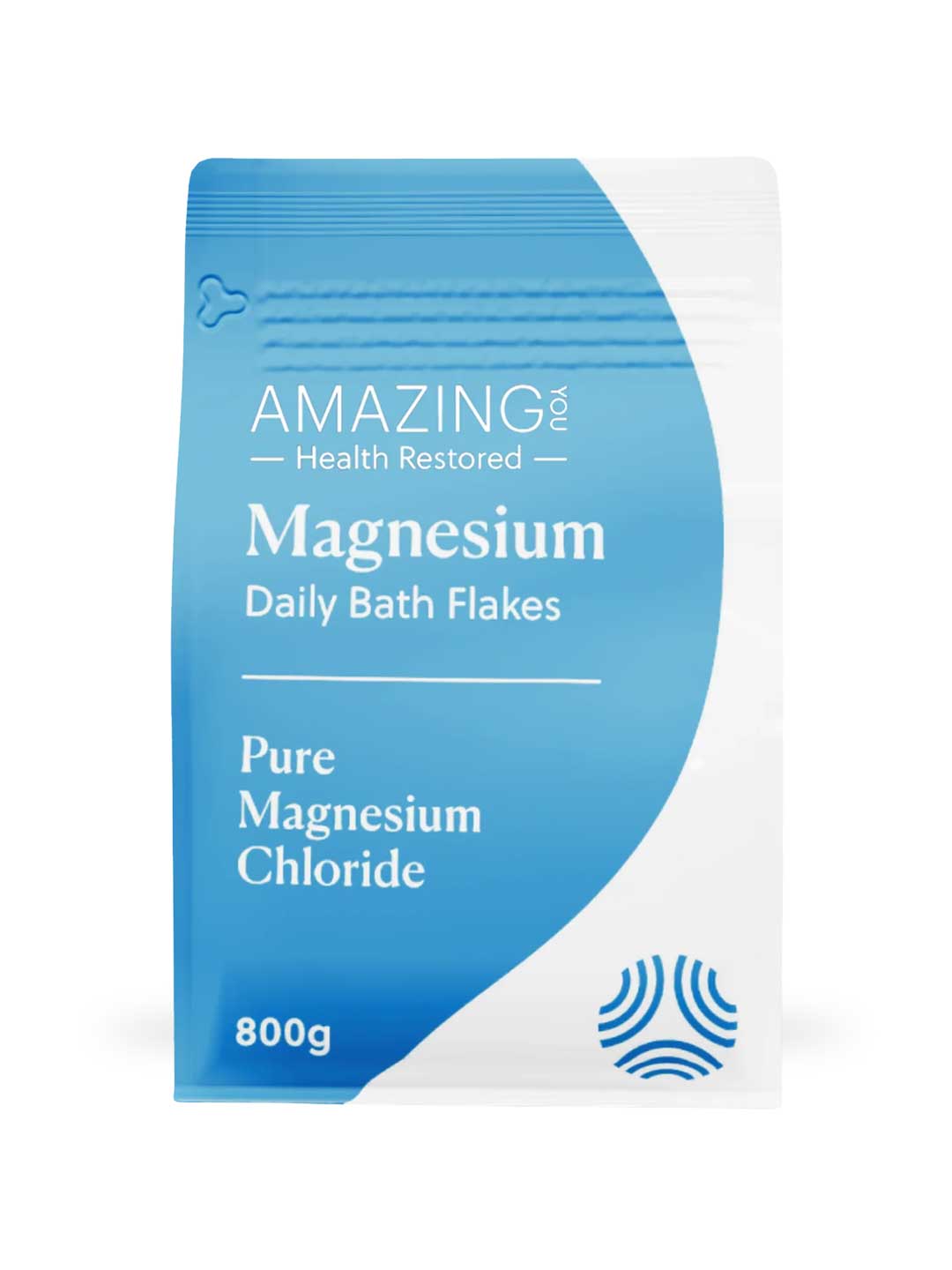 An 800g pouch of Amazing You Daily Magnesium Flakes features a wavy design and blue text, containing pure magnesium chloride flakes for an easy topical magnesium boost.