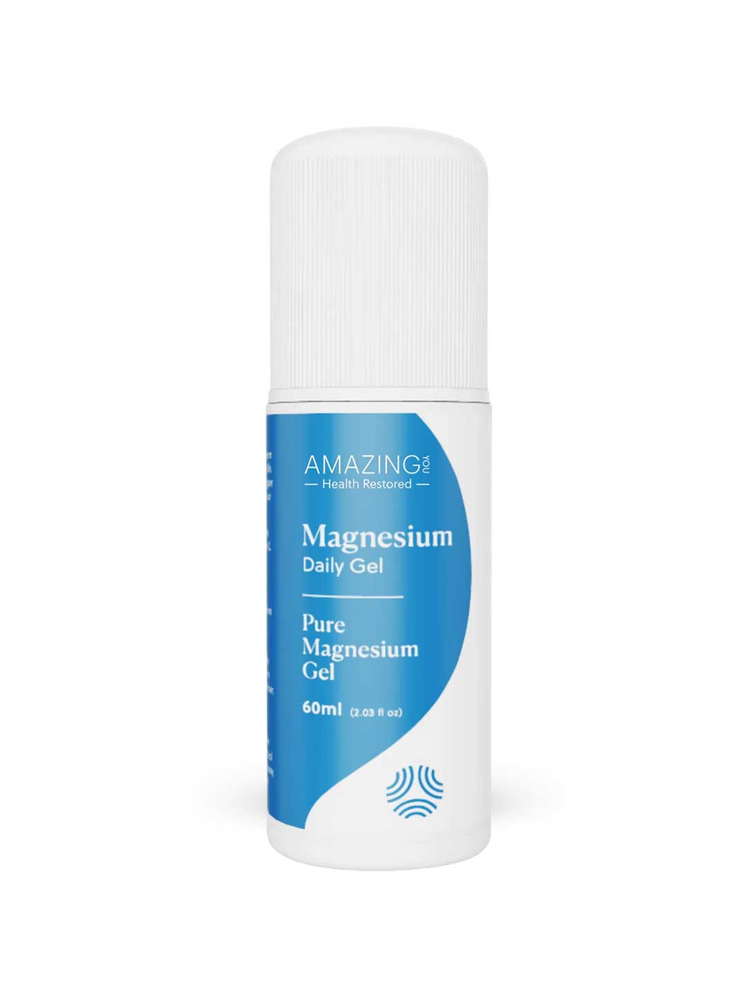 A white bottle labeled Amazing You Daily Magnesium Gel 60ml stands upright on a plain background—ideal for soothing muscle cramps with topical magnesium.