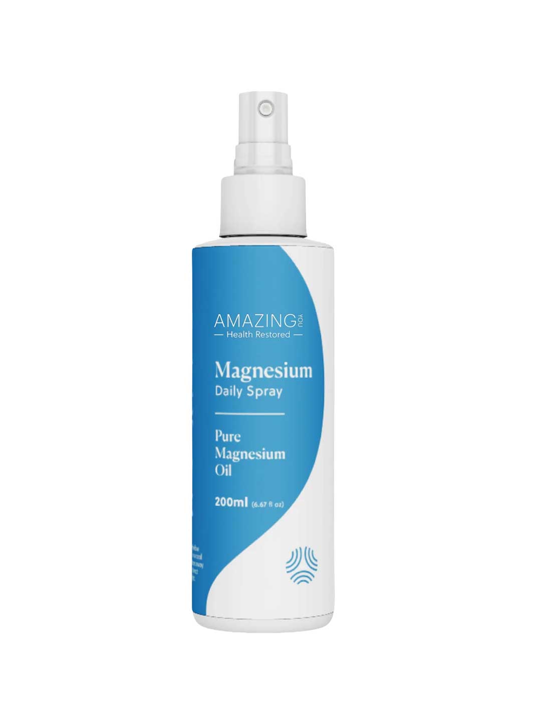 A white and blue 200ml spray bottle labeled Amazing You Daily Magnesium Spray features a clear cap and white nozzle—ideal for transdermal magnesium application and daily sleep support.