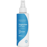 A white and blue 200ml spray bottle labeled Amazing You Daily Magnesium Spray features a clear cap and white nozzle—ideal for transdermal magnesium application and daily sleep support.