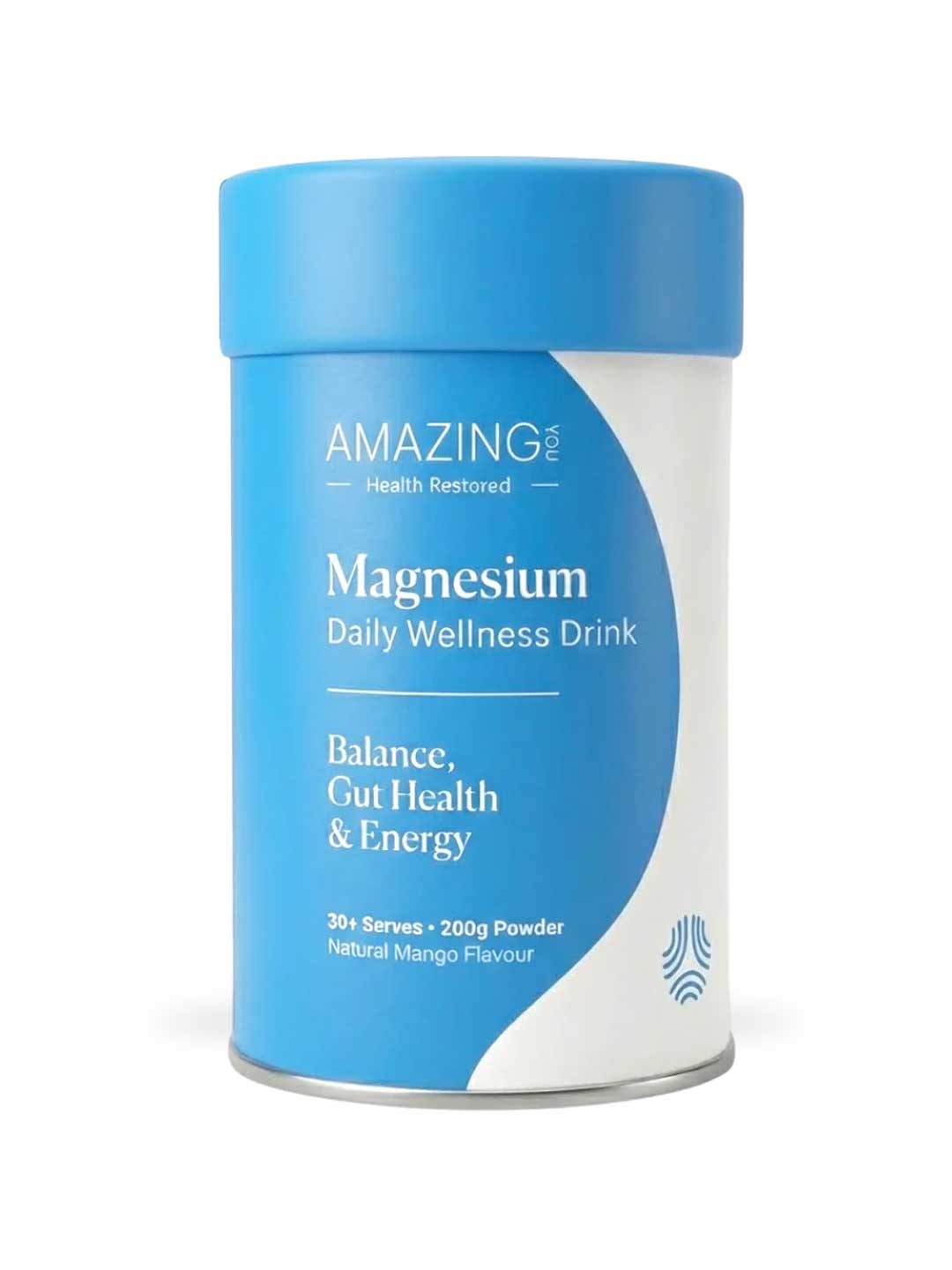 Amazing You Magnesium Daily Wellness Drink 200g is a blue and white canister with natural mango flavor, supporting digestive health, balance, and energy. Provides 30+ servings of magnesium drink powder for daily wellness.