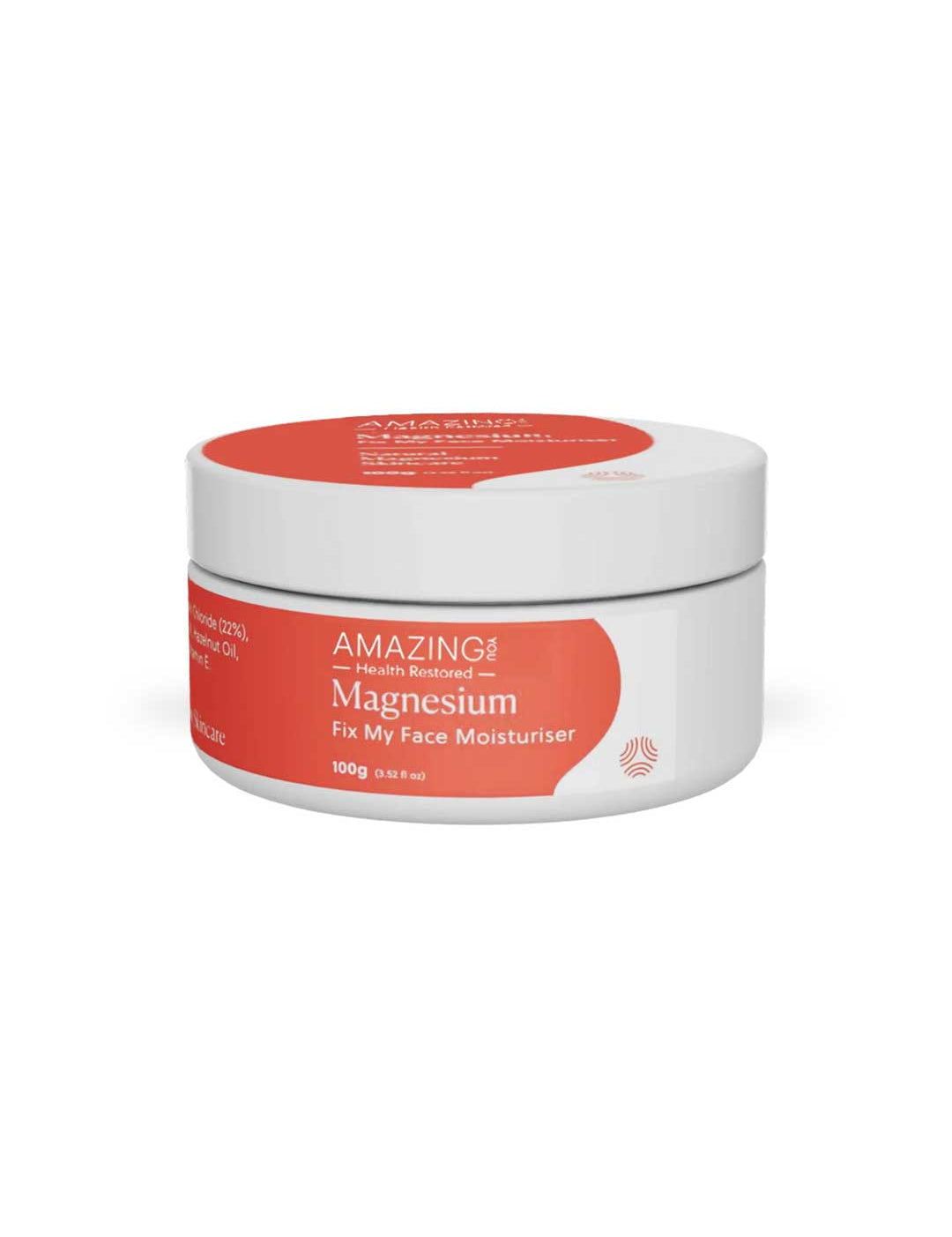 A white jar with a red lid and label reading "Amazing You Fix My Face Magnesium Moisturiser 100g." This skincare product helps reduce fine lines and target pigmentation for smoother skin.