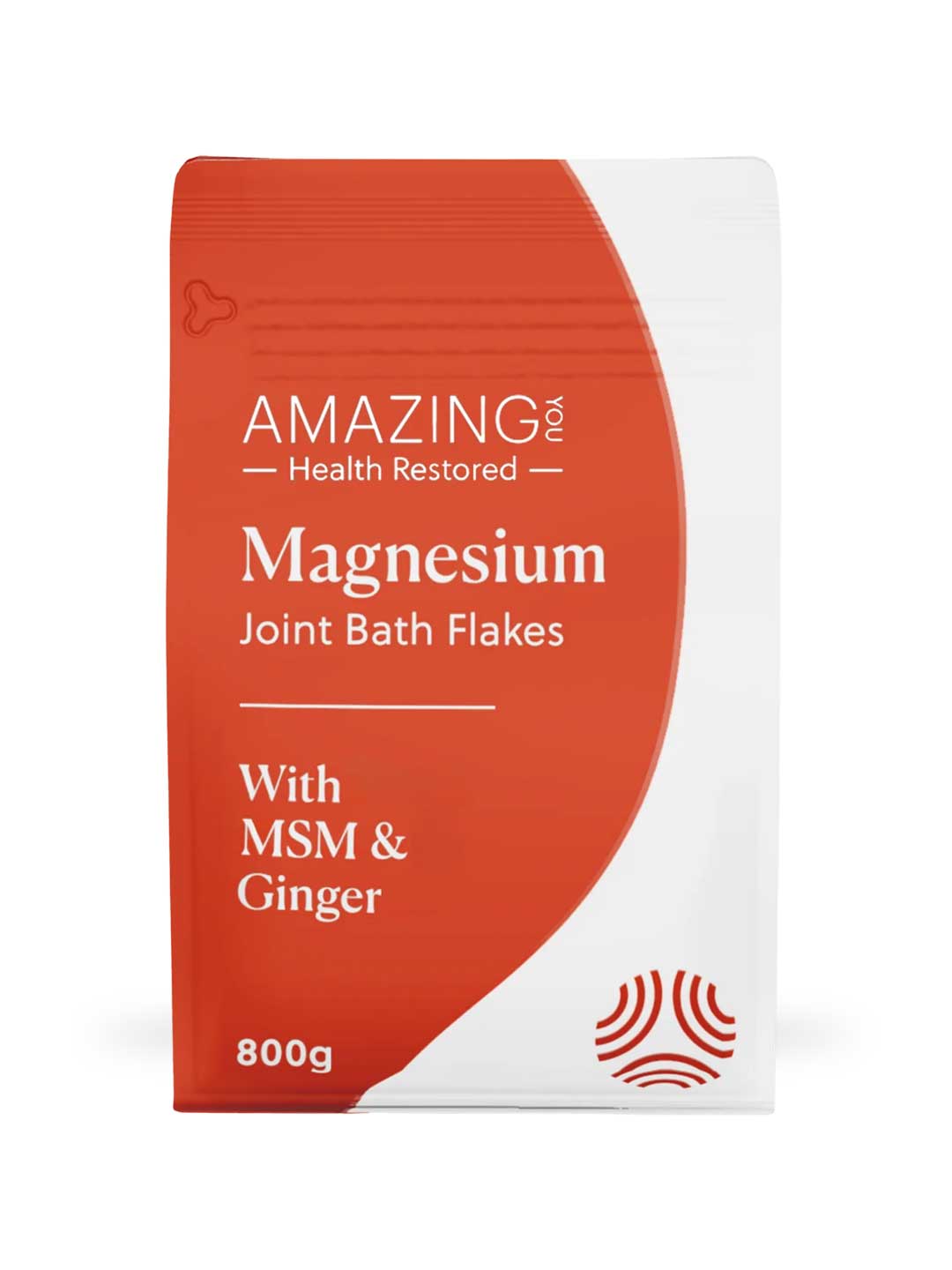 A white and orange pouch labeled Amazing You Joint Magnesium Flakes 800g features a wavy design that highlights benefits like joint support and muscle relaxation for a calming bath soak.