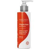 A white and red 200mL bottle of Amazing You Joint Magnesium Lotion with a pump dispenser; the label lists camphor, black seed, and nettle leaf—ingredients known for supporting joint pain relief.