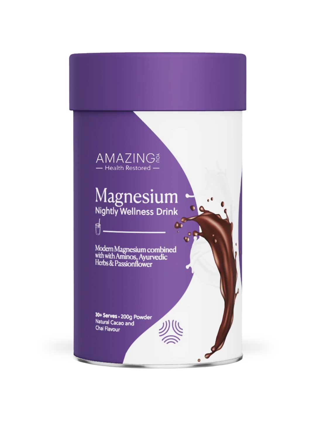 A cylindrical container of Amazing You Magnesium Nightly Wellness Drink 200g with a purple lid and label, featuring chocolate imagery and white text promoting magnesium glycinate, cacao, and chai flavor for restful sleep support.