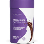 A cylindrical container of Amazing You Magnesium Nightly Wellness Drink 200g with a purple lid and label, featuring chocolate imagery and white text promoting magnesium glycinate, cacao, and chai flavor for restful sleep support.
