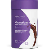 A cylindrical container of Amazing You Magnesium Nightly Wellness Drink 200g with a purple lid and label, featuring chocolate imagery and white text promoting magnesium glycinate, cacao, and chai flavor for restful sleep support.