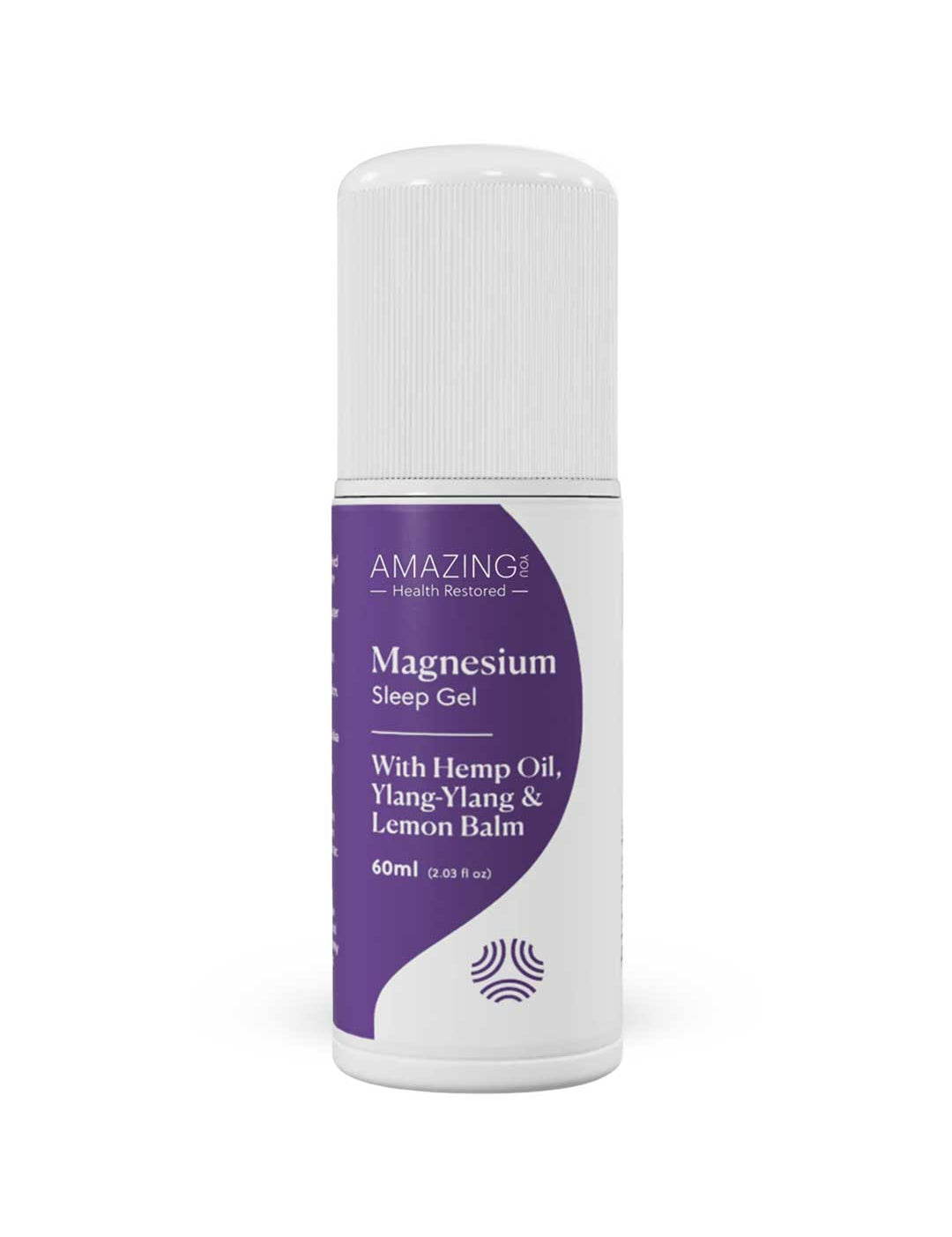 A white roll-on bottle of Amazing You Sleep Magnesium Gel 60ml by Amazing Oils contains hemp oil, ylang-ylang, and lemon balm. The purple label with white and gray accents promotes relaxation and a calm mind.