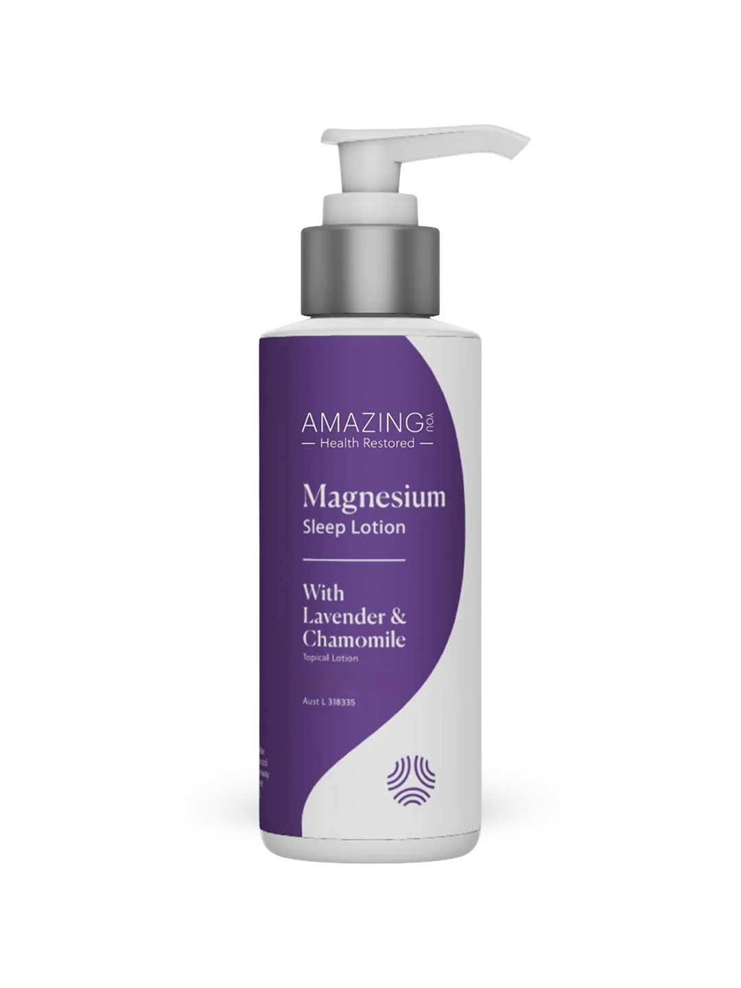 A white pump bottle labeled Amazing You Sleep Magnesium Lotion with lavender and chamomile features a purple label and white background, offering magnesium lotion benefits for sleep support and nervous system relaxation.