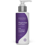 A white pump bottle labeled Amazing You Sleep Magnesium Lotion with lavender and chamomile features a purple label and white background, offering magnesium lotion benefits for sleep support and nervous system relaxation.