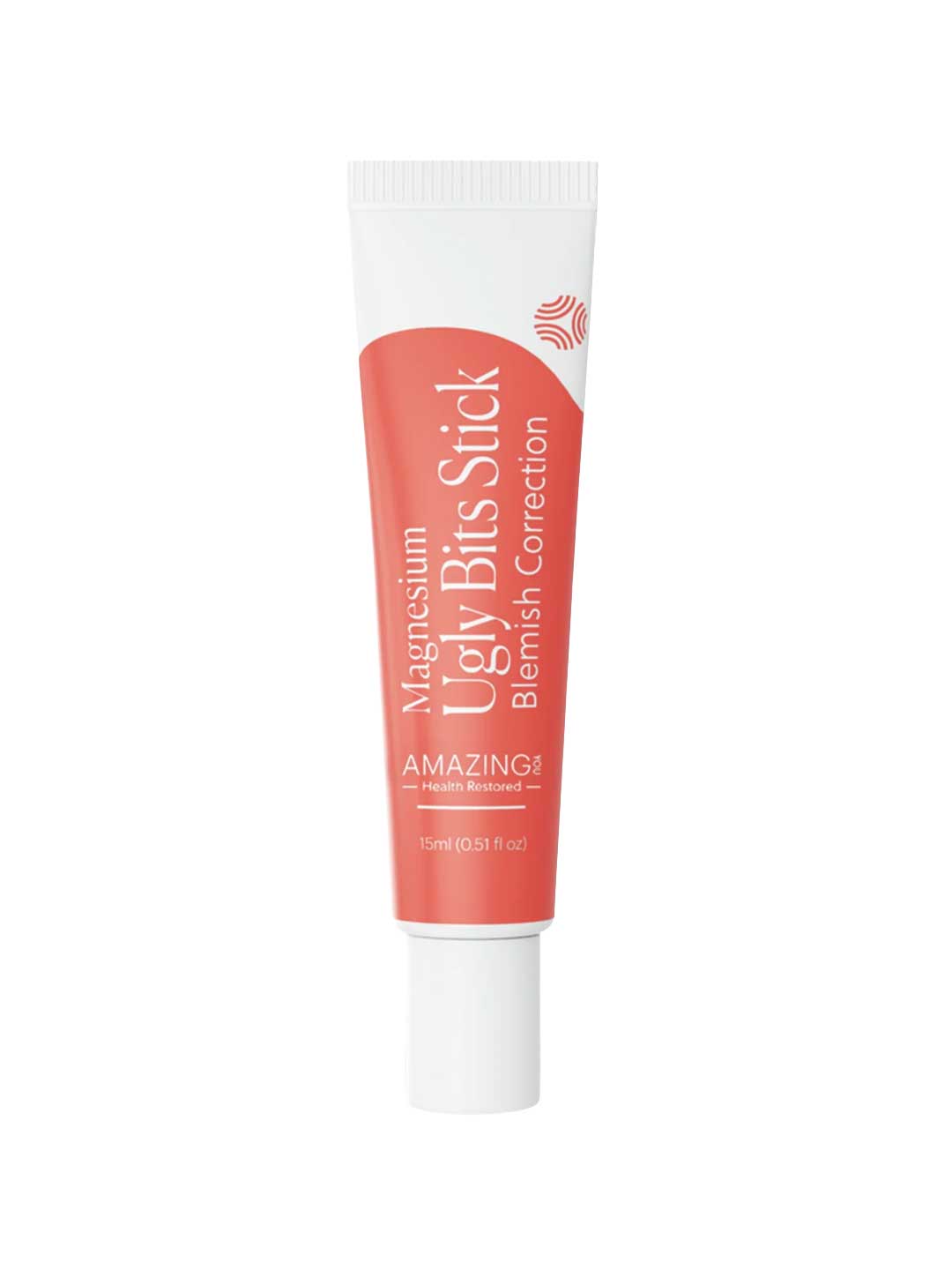 A 15ml tube of Amazing You Ugly Bits Stick Blemish Correction, with a white cap and red label, is a targeted magnesium spot treatment designed to improve skin texture.