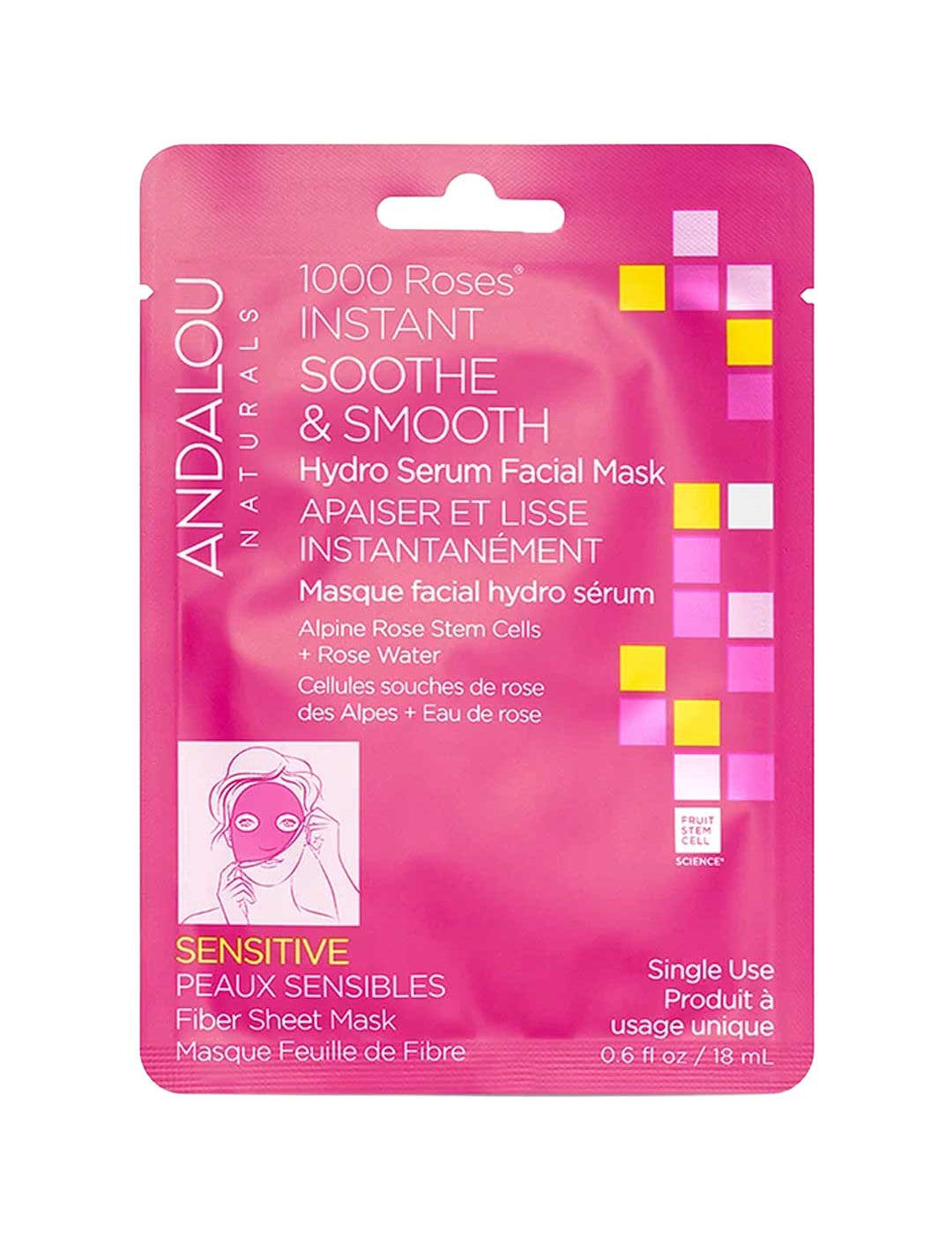 Pink Andalou 1000 Roses Instant Soothe & Smooth sheet mask sachet with white lettering and a face mask illustration.