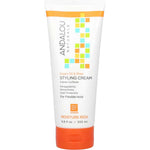 A 200ml tube of Andalou Argan Oil & Shea Moisture Rich Styling Cream with an orange cap and colorful squares, offering frizz control, manageability, smoothness, heat protection, and a flexible hold for hair.