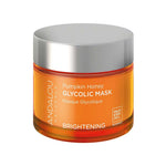 A jar of Andalou Brightening Pumpkin Honey Glycolic Mask 50g featuring a silver lid and orange container, promotes brightening benefits with fruit stem cell science.