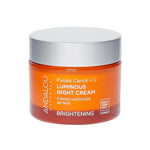 A 50g jar of Andalou Brightening Purple Carrot + Vitamin C Luminous Night Cream with a silver lid, labeled for vitamin C, brightening, and Fruit Stem Cell Science to enhance your complexion.