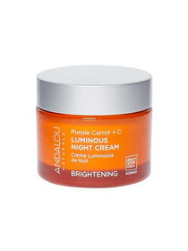 A 50g jar of Andalou Brightening Purple Carrot + Vitamin C Luminous Night Cream with a silver lid, labeled for vitamin C, brightening, and Fruit Stem Cell Science to enhance your complexion.