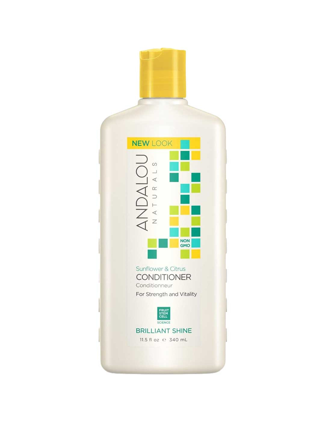 An 11.5 fl oz (340 mL) white bottle of Andalou Naturals Brilliant Shine Sunflower & Citrus Conditioner features a yellow cap and a colorful square design on the front label.