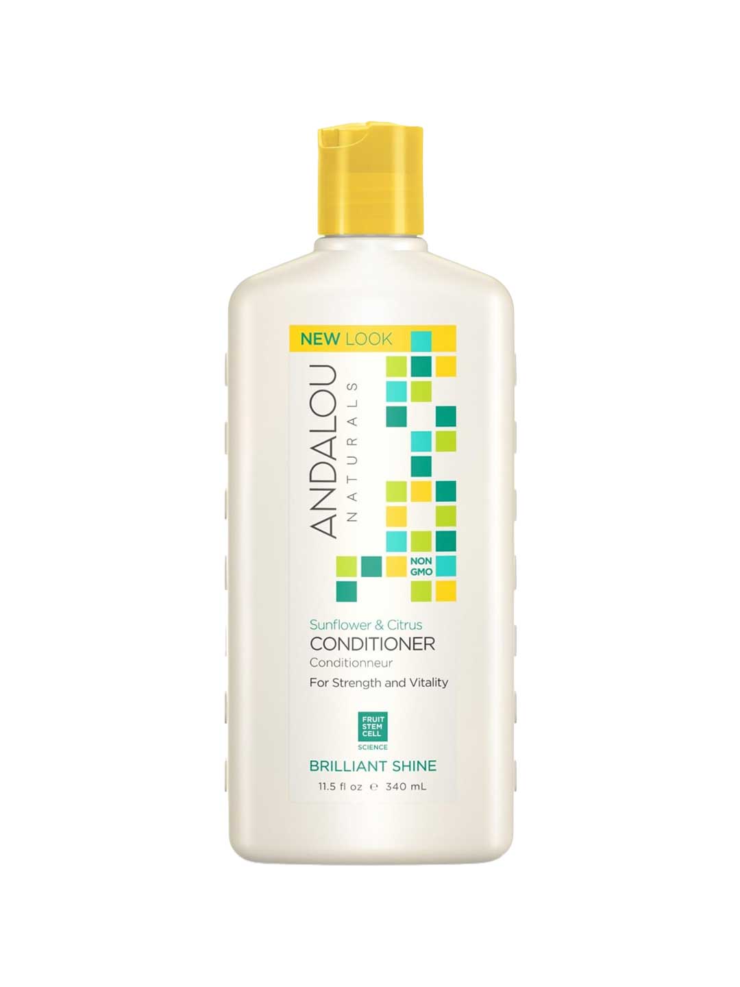 An 11.5 fl oz (340 mL) white bottle of Andalou Naturals Brilliant Shine Sunflower & Citrus Conditioner features a yellow cap and a colorful square design on the front label.