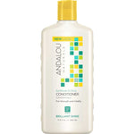An 11.5 fl oz (340 mL) white bottle of Andalou Naturals Brilliant Shine Sunflower & Citrus Conditioner features a yellow cap and a colorful square design on the front label.