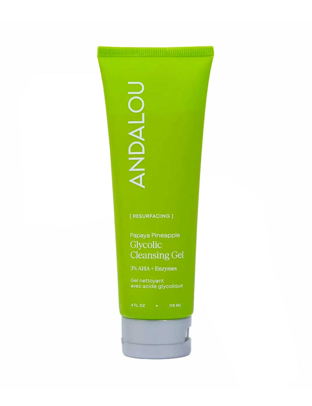 Bright green Andalou Resurfacing Glycolic Cleansing Gel tube with white lettering and a silver flip-top cap.