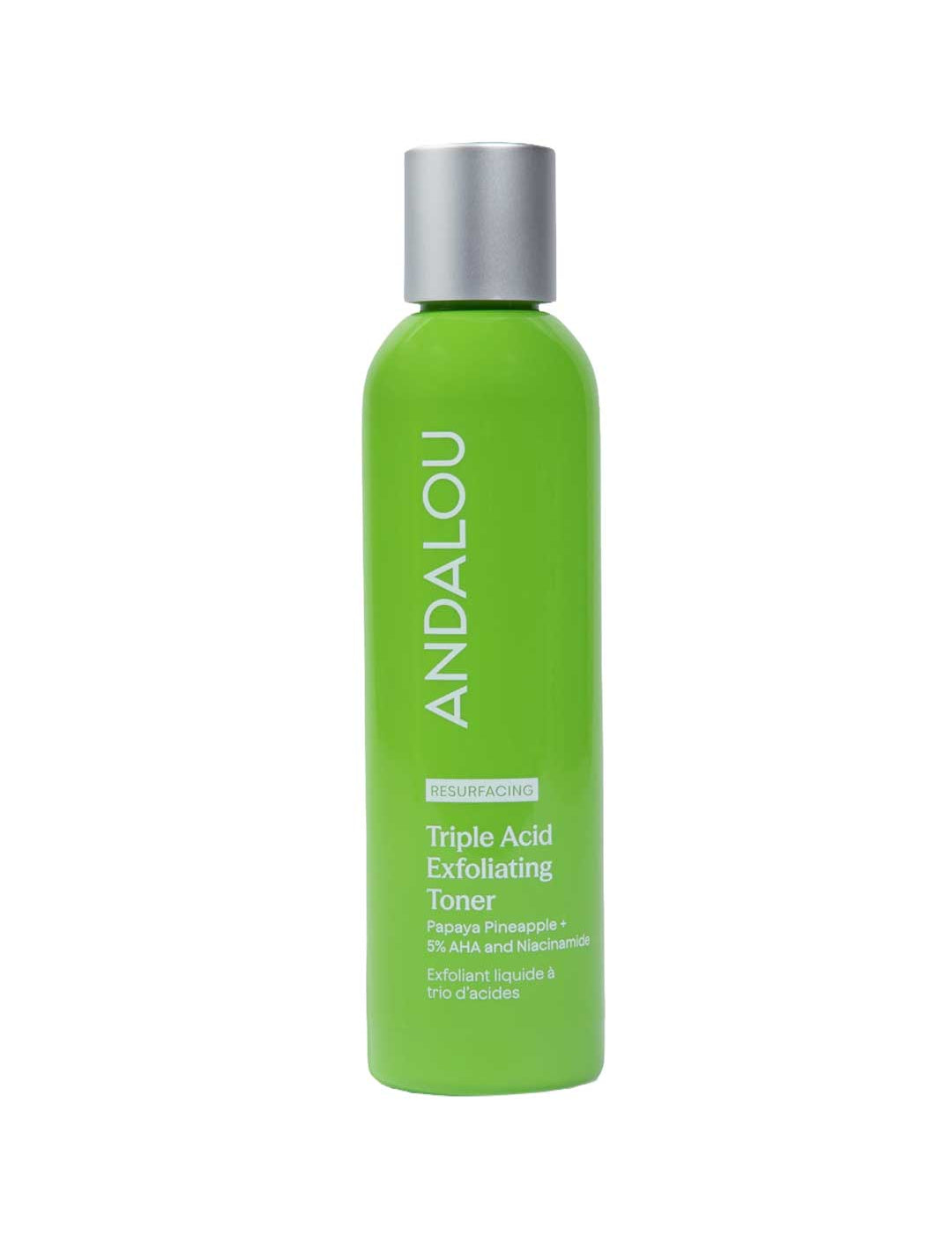 Bright green Andalou Resurfacing Triple Acid Exfoliating Toner bottle with white lettering and a silver cap.