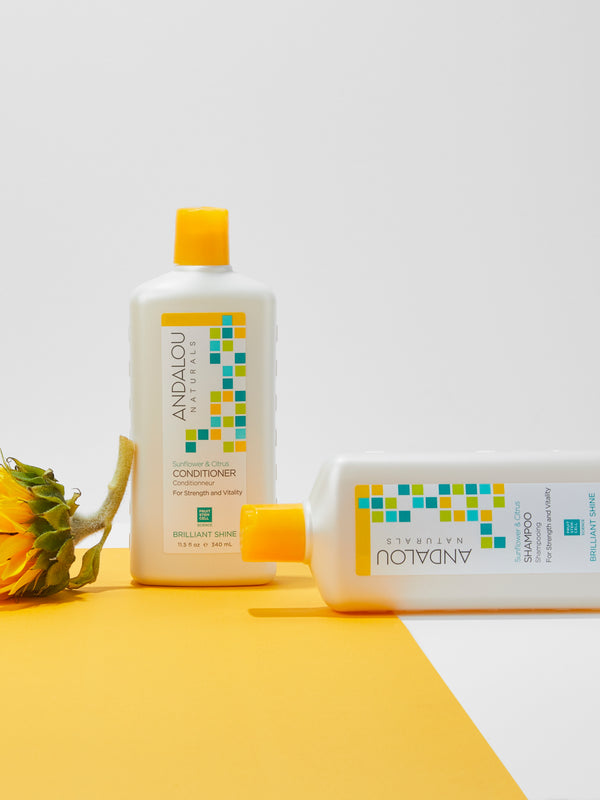 Andalou Naturals Brilliant Shine Sunflower & Citrus Shampoo and Conditioner styled together