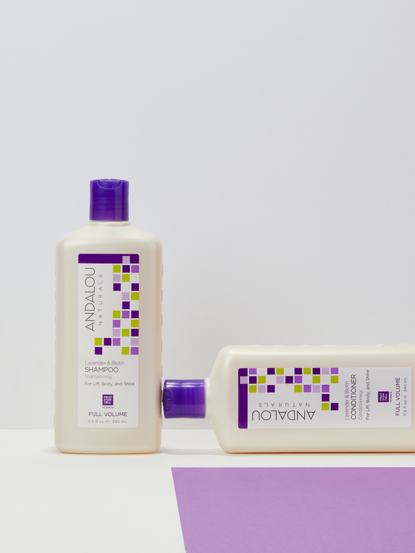 Andalou Naturals Full Volume Lavender & Biotin Shampoo and Conditioner styled together