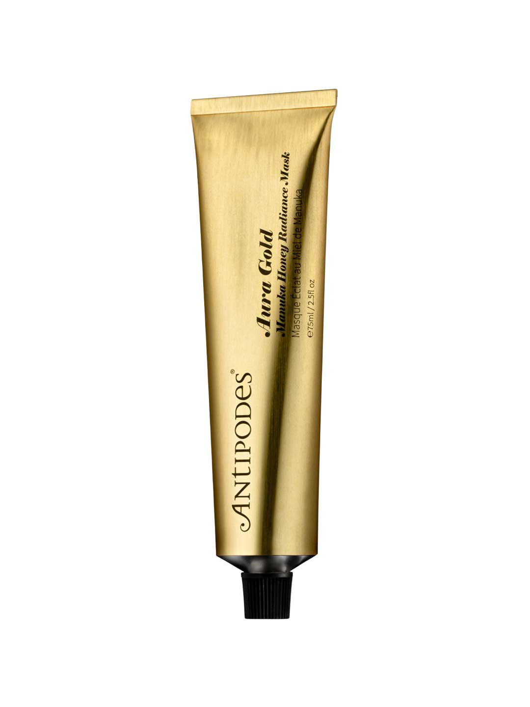 A metallic gold tube of Antipodes Aura Gold Manuka Honey Radiance Mask 75ml with a black cap stands upright against a white background—the ideal brightening face mask for radiant, hydrated skin.