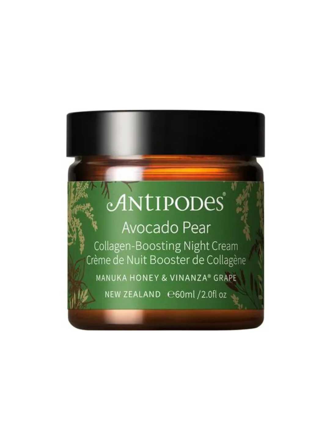 A 60ml jar of Antipodes Avocado Pear Collagen-Boosting Night Cream, a New Zealand-made avocado oil moisturizer with anti-aging benefits and a green-gold label.