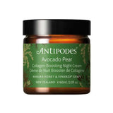 A 60ml jar of Antipodes Avocado Pear Collagen-Boosting Night Cream, a New Zealand-made avocado oil moisturizer with anti-aging benefits and a green-gold label.