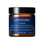 A 60ml jar of Antipodes Culture Probiotic Night Recovery Water Cream features a dark blue label with gold and white text, black lid, and hydrating ingredients like hyaluronic acid and mamaku black fern for microbiome support.