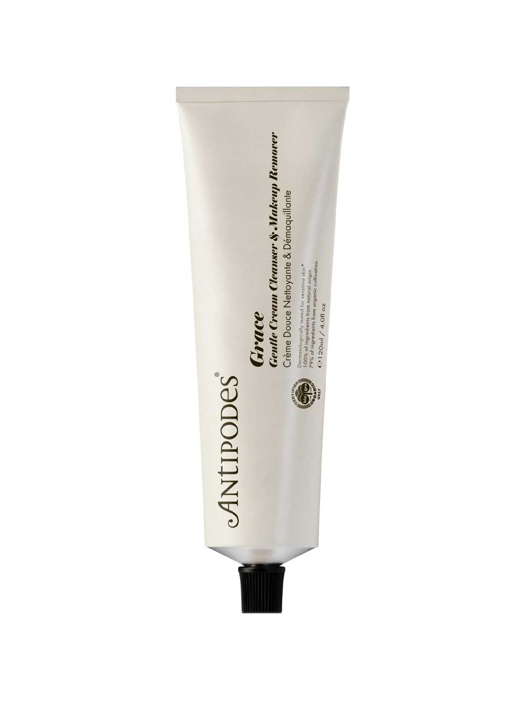 A silver tube with a black cap labeled Antipodes Grace Gentle Cream Cleanser for Sensitive Skin 120ml, featuring minimalist black text—ideal as an organic cleanser for sensitive skin.