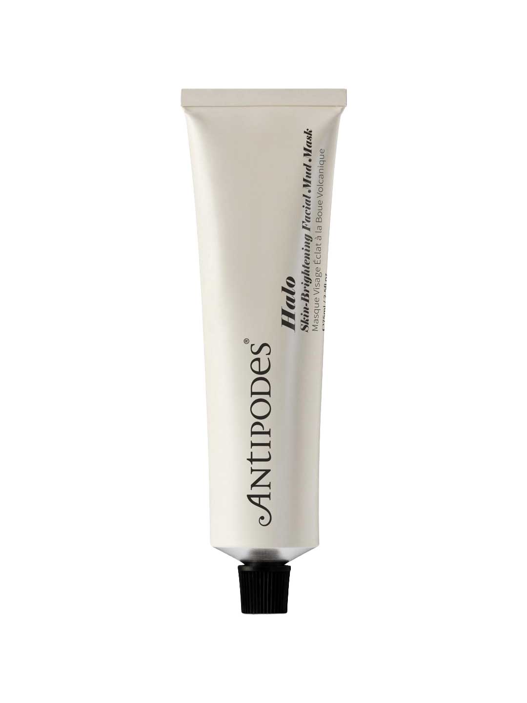 A white tube with a black cap, labeled Antipodes Halo Skin-Brightening Facial Mud Mask 75ml, stands upright against a plain background—ideal for oily, congested skin.