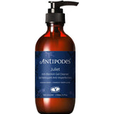 A brown pump bottle of Antipodes Juliet Anti-Blemish Gel Cleanser 200ml, designed for oily skin, with a dark blue botanical label is displayed against a white background.
