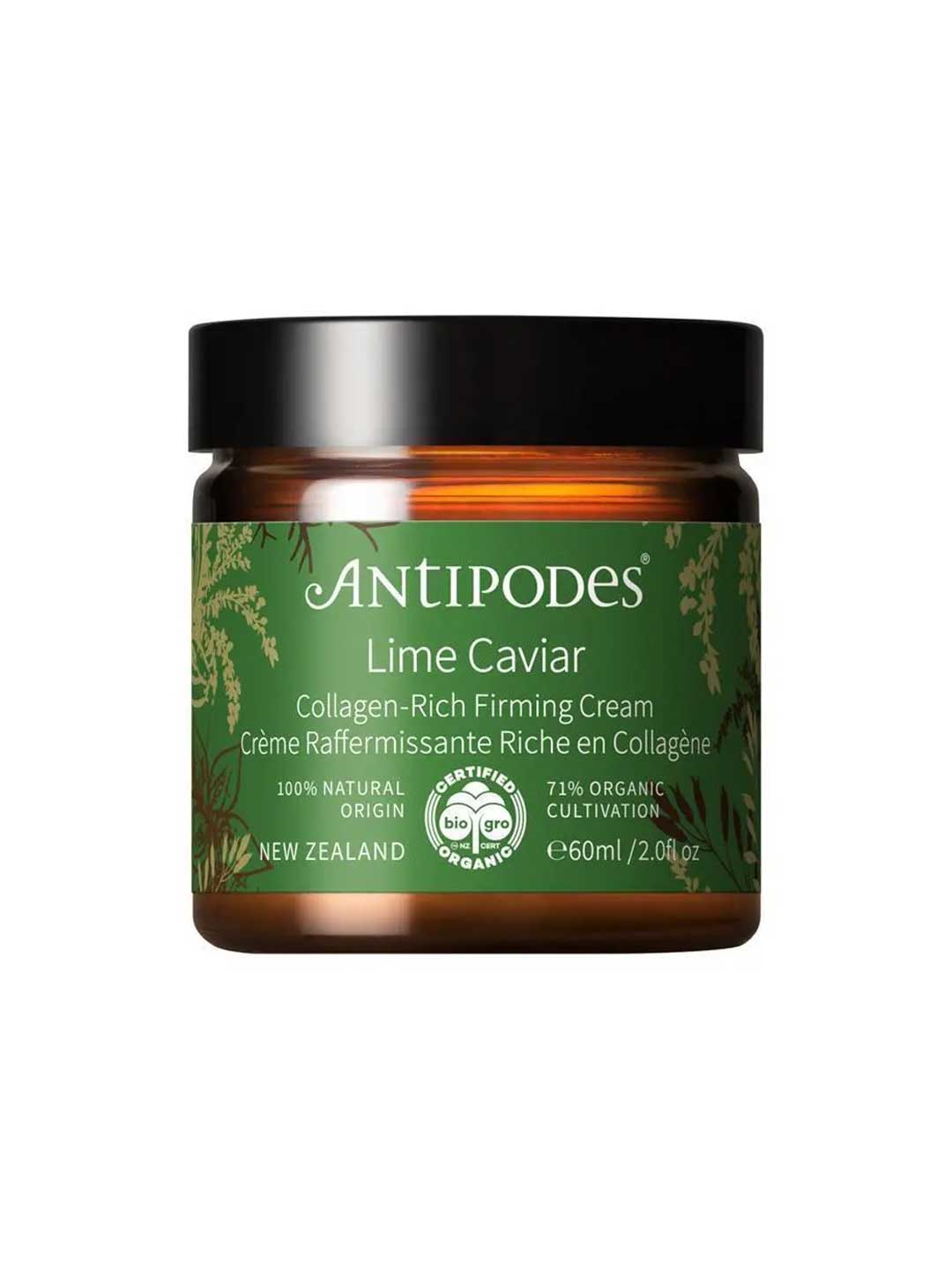 A green and brown jar of Antipodes Lime Caviar Collagen-Rich Firming Cream, a 100% natural origin, 71% organic AHA moisturiser made in New Zealand. Certification logos shown. 60ml size.