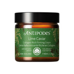A green and brown jar of Antipodes Lime Caviar Collagen-Rich Firming Cream, a 100% natural origin, 71% organic AHA moisturiser made in New Zealand. Certification logos shown. 60ml size.