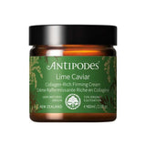 A green and brown jar of Antipodes Lime Caviar Collagen-Rich Firming Cream, a 100% natural origin, 71% organic AHA moisturiser made in New Zealand. Certification logos shown. 60ml size.